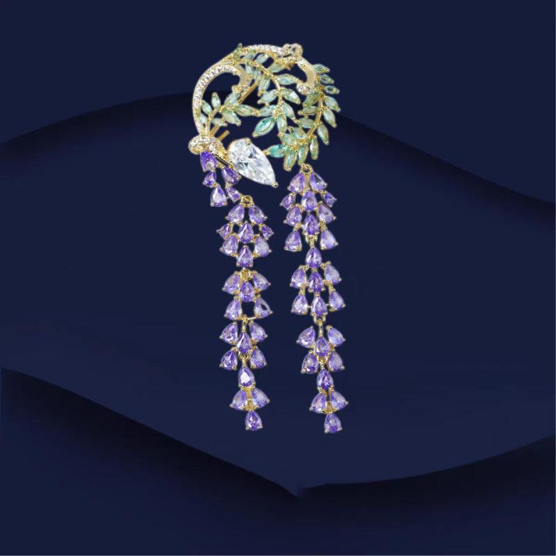 ブローチ レディース フレンチ レトロ ヴィンテージ パープル 花柄 タッセル 銅製 上品 エレガント 高..