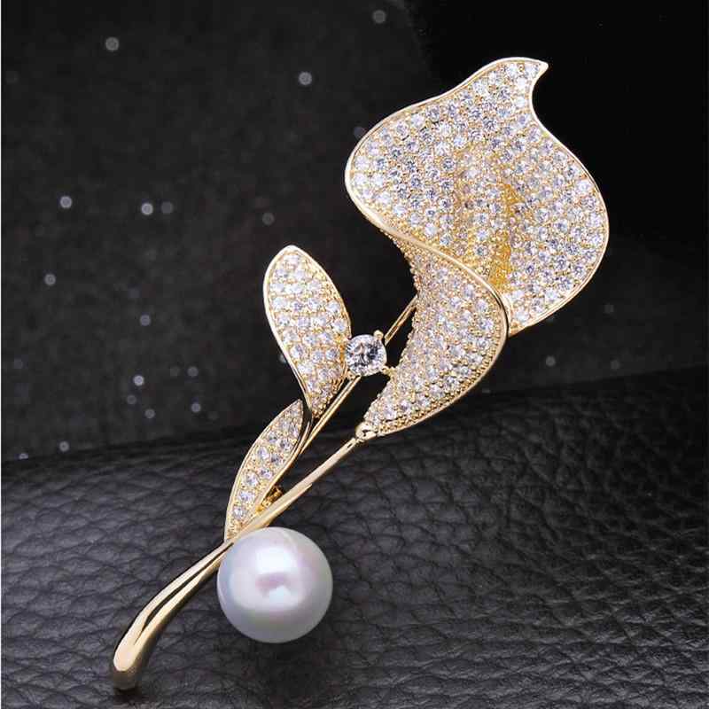 ブローチ レディース マイクロパヴェ ジルコニア チューリップ 淡水パール 韓国スタイル ゴールドカラ..