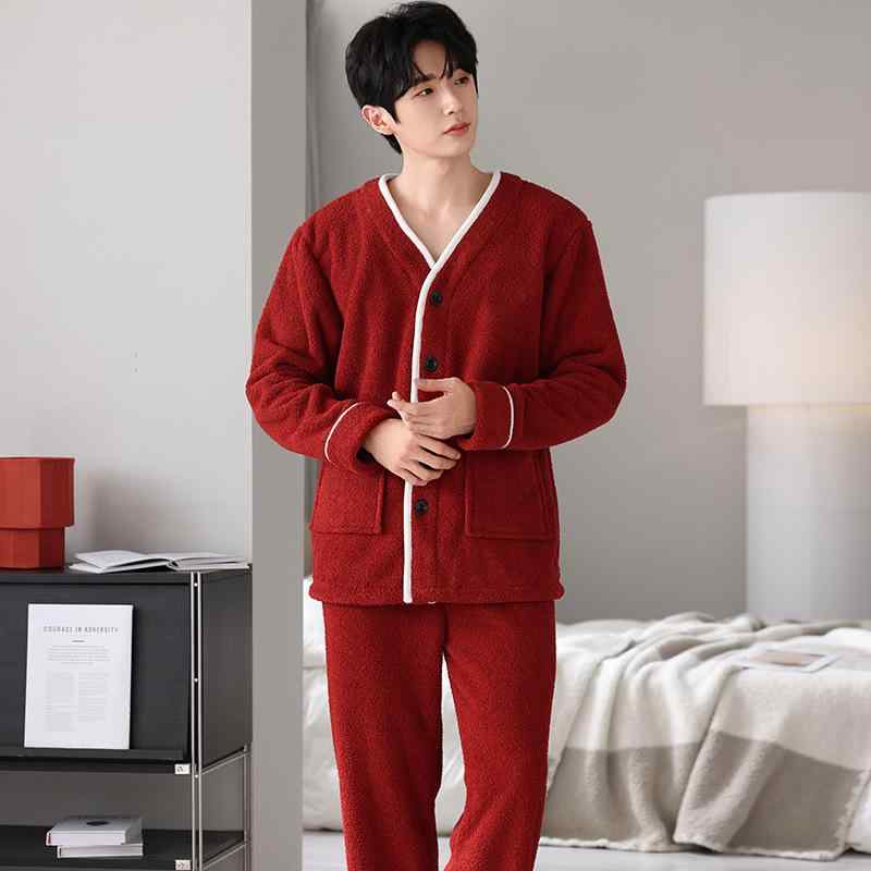 ルームウェア メンズ 男性用 秋冬 サンゴフリース コーラルフリース パジャマ 上下セット Vネック 長袖 長ズボン ふわふわ 厚手 暖かい 無地 大きいサイズ ゆったり 部屋着 快適 リラックス
