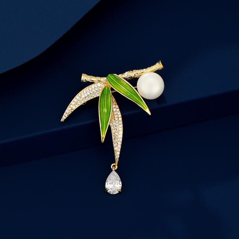 ブローチ 男女兼用 新チャイナ風 エナメル加工 竹 花 葉 デザイン レトロ 天然パール 高品質 厚メッキ ..