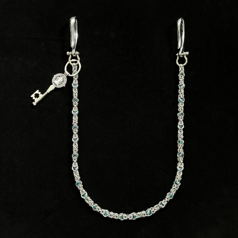 ウォレットチェーン メンズ メタル 手作り ドラゴンボーンビーズ ヒップホップ ストリート カジュアル ファッション小物 青 ブルー 黒銀 丸型プレート キーホルダー