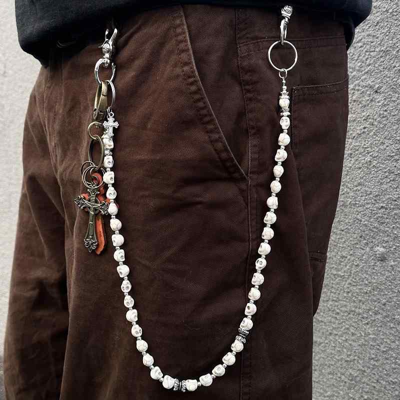 ウォレットチェーン 男女兼用 白いドクロ 十字架 ビーズ 人工石 ハンドメイド レトロ ヴィンテージ アンティーク加工 パンツチェーン バッグチャーム ウエストチェーン 個性派 ストリート ロックファッション