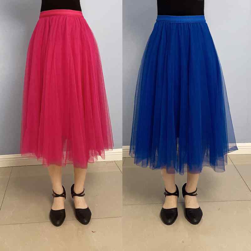 ダンススカート レディース 女性用 春夏 広場ダンス 社交ダンス 舞台衣装 ステージ衣装 フレア チュール メッシュ ミモレ丈 ハイウエスト 再生繊維 ポリエステル