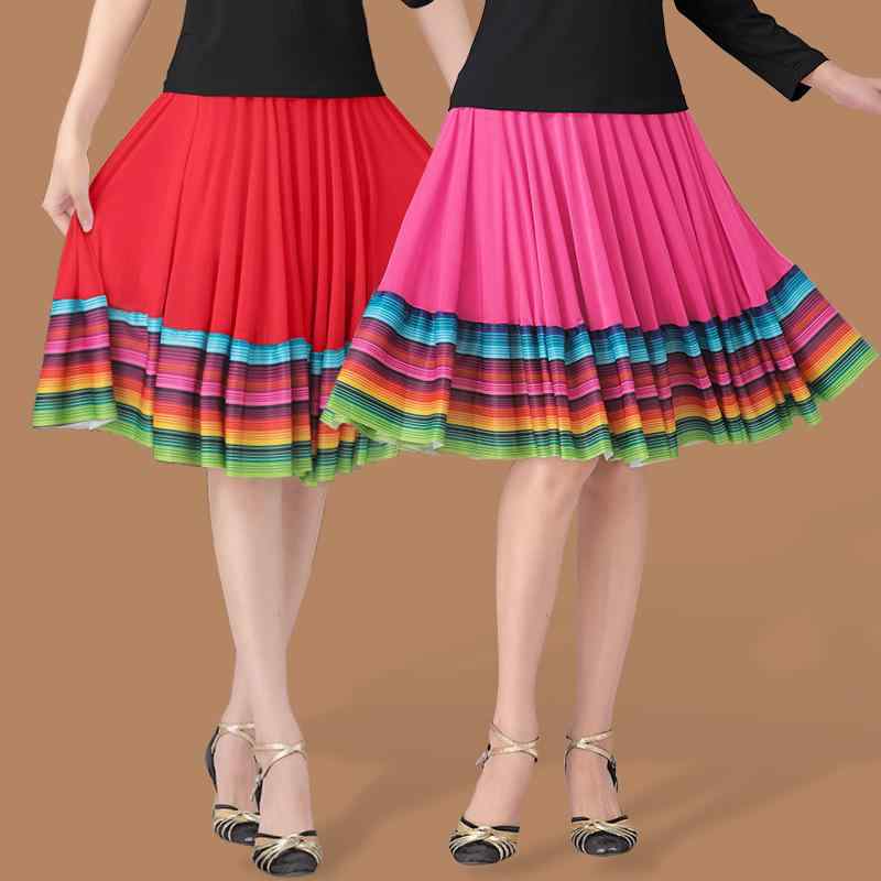 ダンススカート レディース 社交ダンス 広場ダンス 中高年 ミセス シニア フレアスカート ロングスカート 再生繊維 ポリエステル インナーパンツ付き カラフル レインボー 春夏秋 発表会 練習着 ステージ衣装