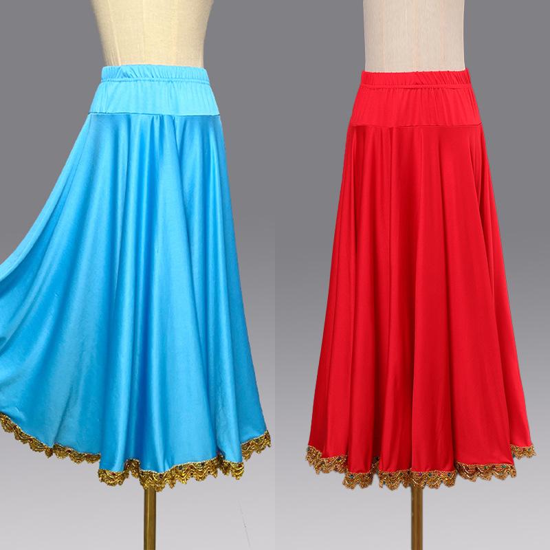 スカート レディース 女性用 大人用 広場ダンス 社交ダンス 民族舞踊 ミディ丈 フレアスカート 金色縁取り 舞台衣装 発表会 練習着 ベリーダンス ラテンダンス ヤンコ― ダンスウェア 再生繊維 ポリエステル 無地 Aライン ゆったり
