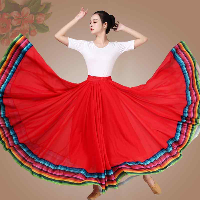 舞踊服 レディース 女性用 広場ダンス チベットダンス 新疆ダンス 演舞 発表会 練習着 レインボー 720度フレア ロングスカート 接触冷感 ポリエステル