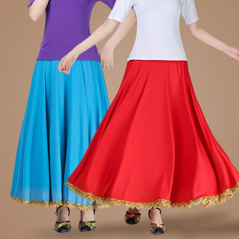 ダンススカート レディース 中高年 ミセス 広場ダンス 民族舞踊 ヤンコ 社交ダンス レッスン着 練習着 発表会 ステージ衣装 ハイウエスト 再生繊維 ポリエステル フレアスカート Aライン 大振り 動きやすい 春夏秋