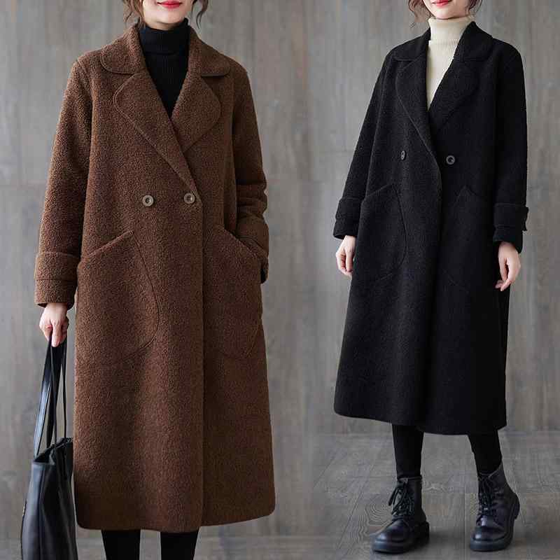 コート レディース 秋冬 韓国ファッション ゆったり オーバーサイズ レトロ フェイクムートン ボア 厚手 暖か ミドル丈 テーラードカラー 無地 シングルボタン 長袖 黒 ブラウン