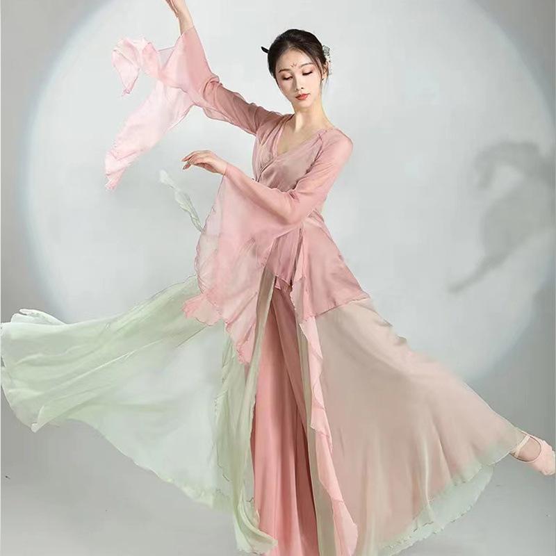 ダンスウェア レディース 中国舞 古典舞 身韻 練習着 発表会 レッスン 舞台 パフォーマンス 衣装 シースルー 長袖トップス メッシュ ロングスカート 軽やか エレガント 優雅 竹炭繊維 ポリエステル 通気性 伸縮性 春夏