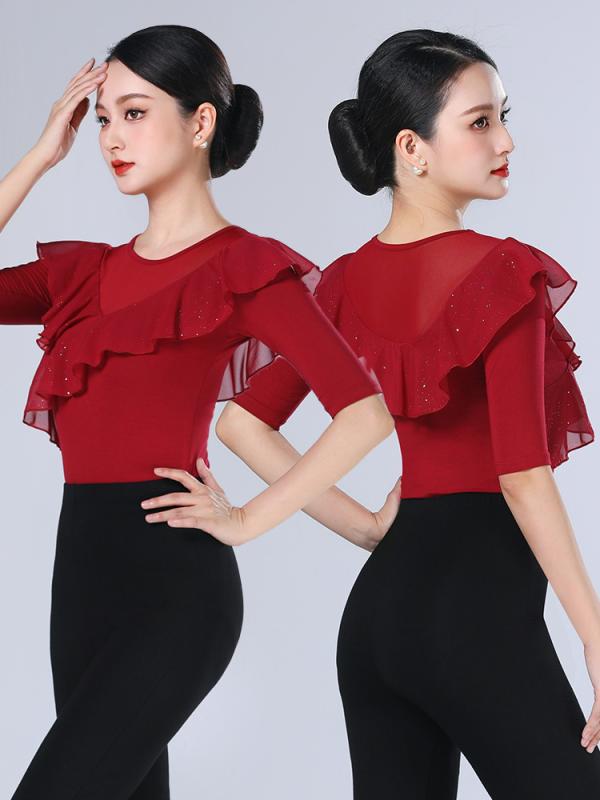 ダンスウェア レディース モダン ラテン ソーシャルダンス トップス フリル モダール素材 伸縮性 吸湿速乾 レッスン着 発表会 舞台衣装 春夏秋