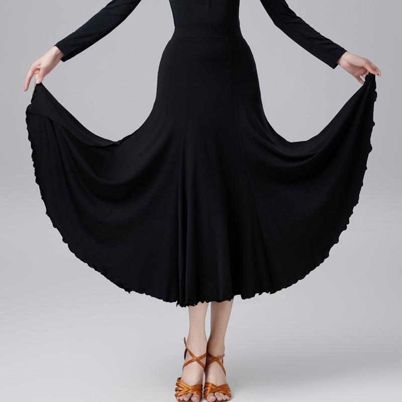 ダンススカート レディース ロングフレア マキシ丈 Aライン ボリューム モダンダンス ボールルーム 社交ダンス ワルツ 発表会 練習着 普段使い 2WAY リネン 再生繊維 ブラック 孔雀グリーン