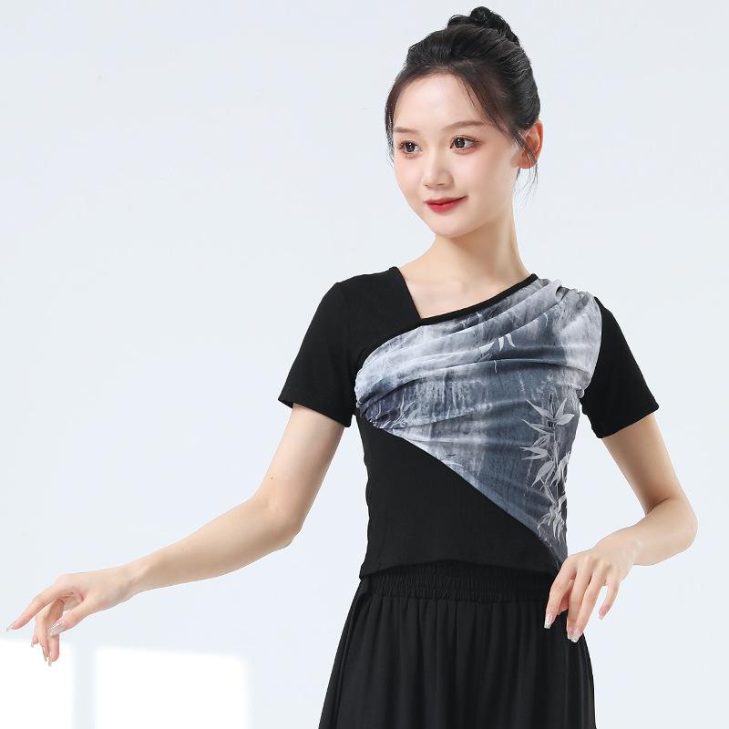 ダンスウェア レディース 春夏 レッスン着 練習着 古典舞 身韻服 トップス 発表会 舞台 衣装 パフォーマンス 体型トレーニング フィットネス スリムフィット ストレッチ素材 伸縮性 再生繊維 カットソー