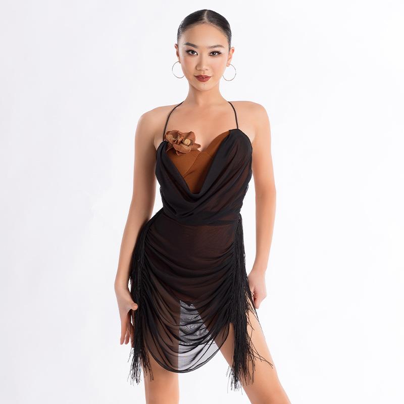ラテンダンスドレス レディース フリンジ 切り替え ワンピース 練習着 発表会 舞台衣装 スパンデックス..