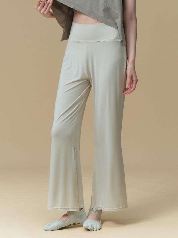 パンツ レディース ハイウエスト フレア スリット入り ゆったり ダンス ヨガウェア トレーニング フィットネス 舞踊 ランニング ジム 通気性 軽量 腹部サポート ナイロン アイボリー ベージュ ブラウン 春夏秋