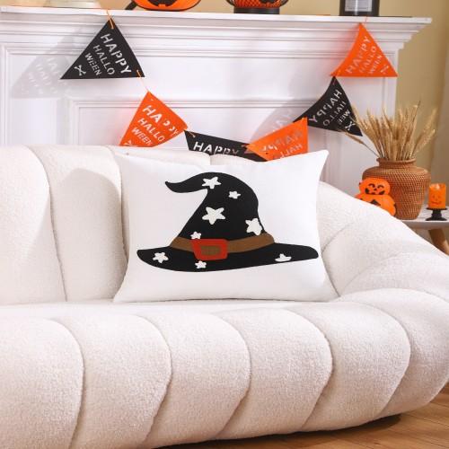 クッションカバー ハロウィン 魔女の帽子 刺繍 キャンバス 帆布生地 北欧風 おしゃれ かわいい リビング インテリア 部屋 アクセント ホワイト