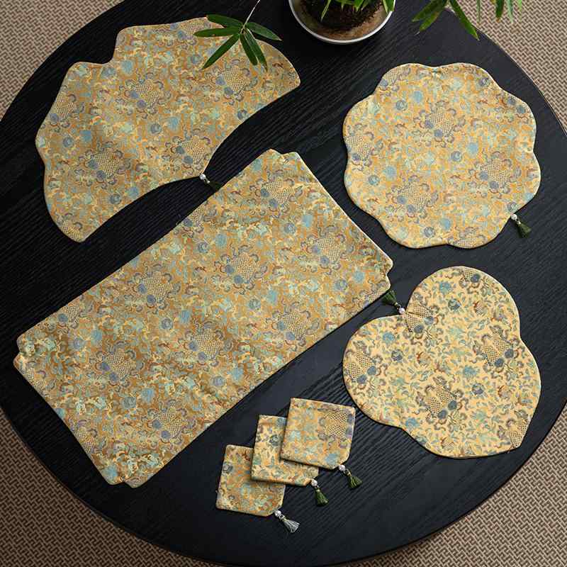 ティーマット 錦織 光沢ゴールド 刺繍 和モダン 禅の心 ライトラグジュアリー 両面 リバーシブル テーブルマット ランチョンマット ポットマット 乾式茶席 茶道 お茶会 ハンドメイド