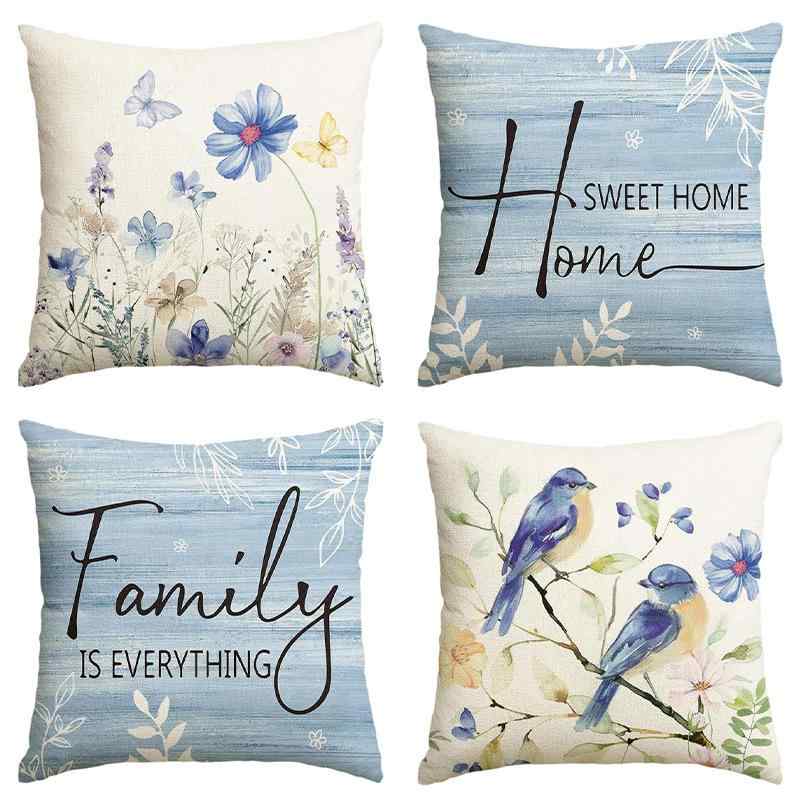 クッションカバー 春夏 ラベンダー アルファベット柄 リネン プリント ソファ リビング ベッドルーム インテリア モダン シンプル スクエア