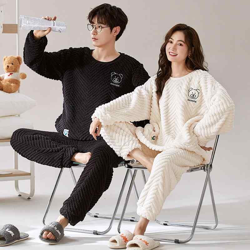 ルームウェア パジャマ ペア カップル レディース メンズ クルーネック 長袖 長ズボン 秋冬 サンゴフリース 裏起毛 厚手 あったか もこもこ ふわふわ 保温 部屋着 ホームウェア リラックス