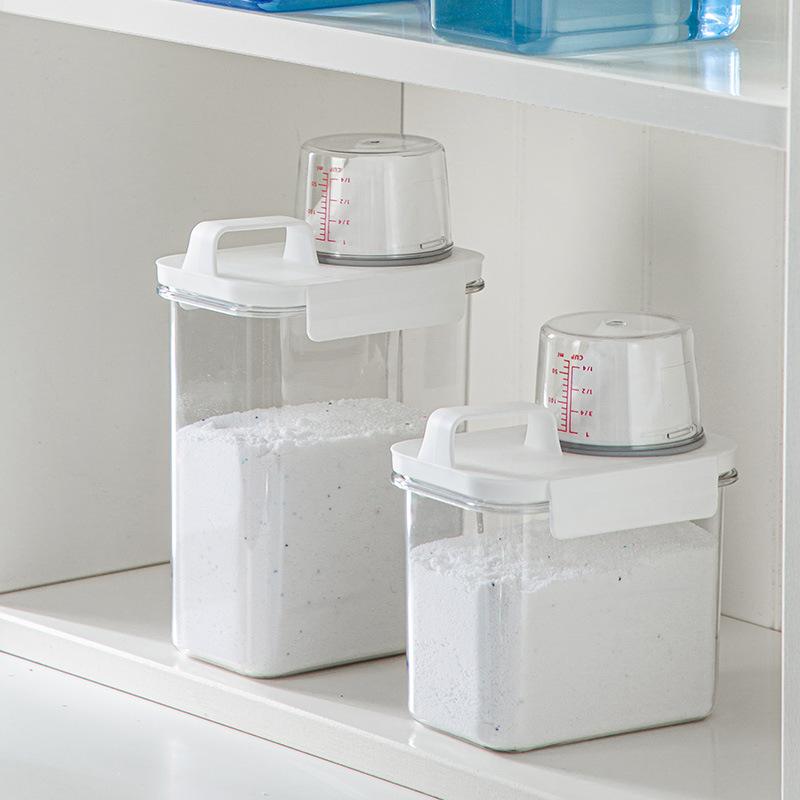 洗剤収納ボックス 日本 家庭用 密閉式 計量カップ 目盛り付き 洗濯粉末 液体洗剤 消毒液 清潔液 詰め替え容器 プラスチック製 ランドリー収納