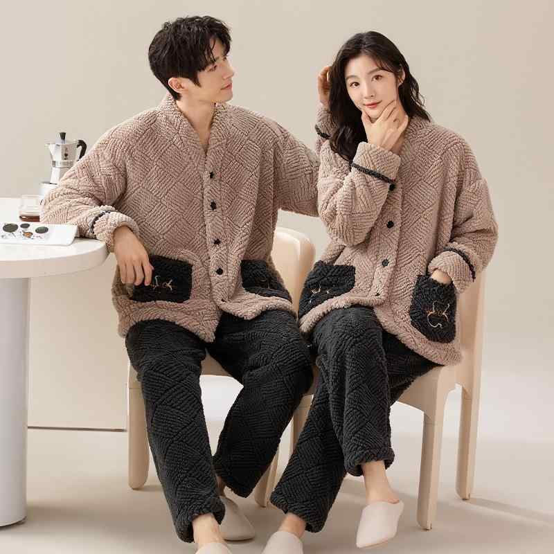 パジャマ 男女兼用 カップル 秋冬 冬用 防寒 厚手 裏起毛 あったか サンゴフリース もこもこ ふわふわ ..