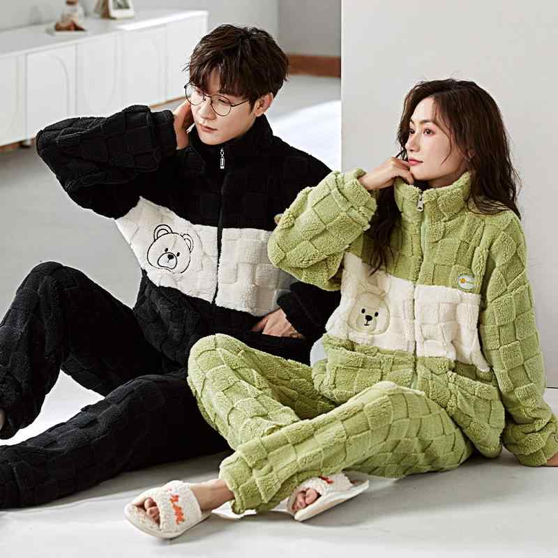 パジャマ ルームウェア 男女兼用 カップル ペア 秋冬 冬 厚手 肉厚 暖かい 保温 防寒 サンゴフリース ..