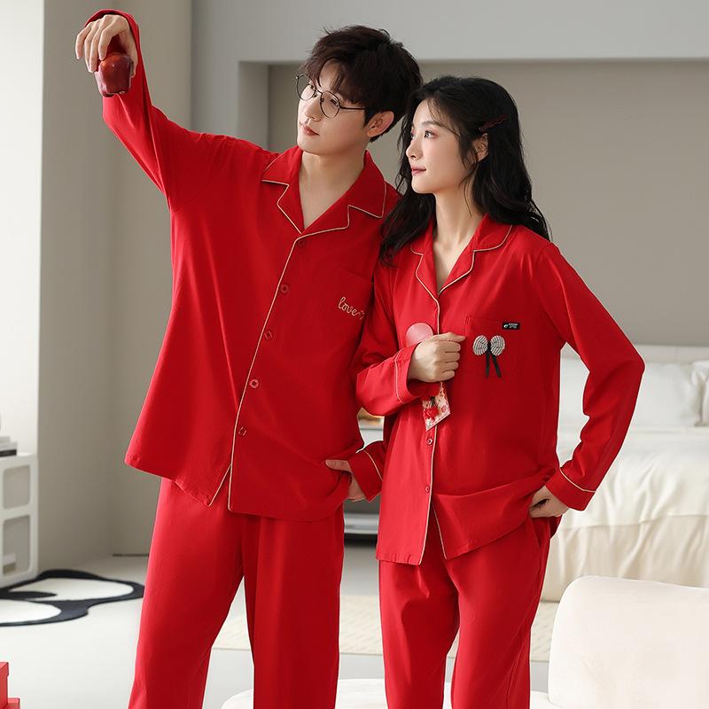 パジャマ ルームウェア カップル ペア 女性用 レディース 男性用 メンズ 綿 コットン 長袖 前開き カー..