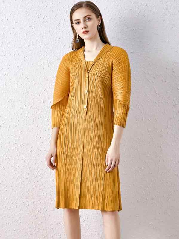 ワンピース レディース フェイクレイヤード Vネック パフスリーブ ハイウエスト プリーツ ミモレ丈 Aライン ポリエステル エレガント 上品 個性的 オフィス カジュアル 春秋