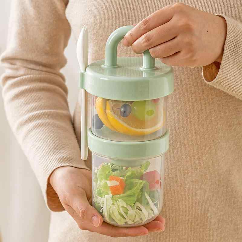 サラダカップ 携帯用 二重構造 蓋付きスプーン 朝食 フルーツ 軽食 ランチボックス ダイエット ヘルシー オフィス 通勤 アウトドア PP シリコン製 ピンク イエロー グリーン