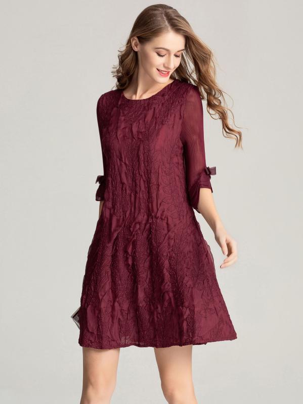 ワンピース レディース 女性用 上品 エレガント オフィス 通勤 韓国風 Aライン プリーツ ギャザー 刺繍 ラウンドネック 丸首 フリル袖 パフスリーブ 五分袖 5分袖 ミディ丈 ゆったり リラックス ポリエステル ダークブルー 紺色 ドレス