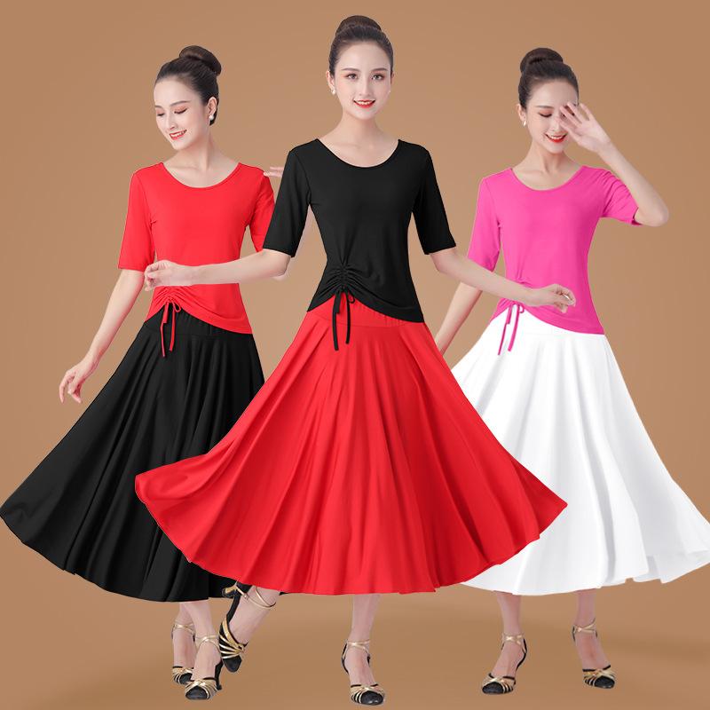 ダンスウェア レディース 中高年 女性 五分袖 トップス スカート セットアップ 上下セット ツーピース 練習着 発表会 舞台 フィットネス モダール ビスコースレーヨン 伸縮性 春夏秋