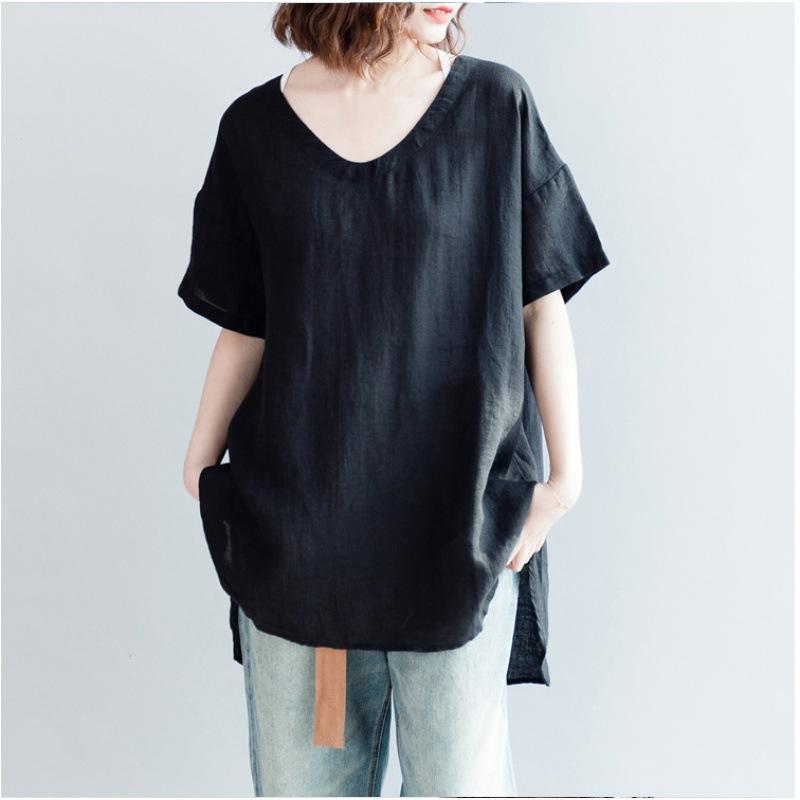 Tシャツ レディース 韓国風 大きいサイズ ゆったり Vネック 半袖 アシンメトリーヘム スリット 綿麻 コットンリネン プルオーバー 無地 大人カジュアル きれいめ 白 黒 春夏 トップス(4)