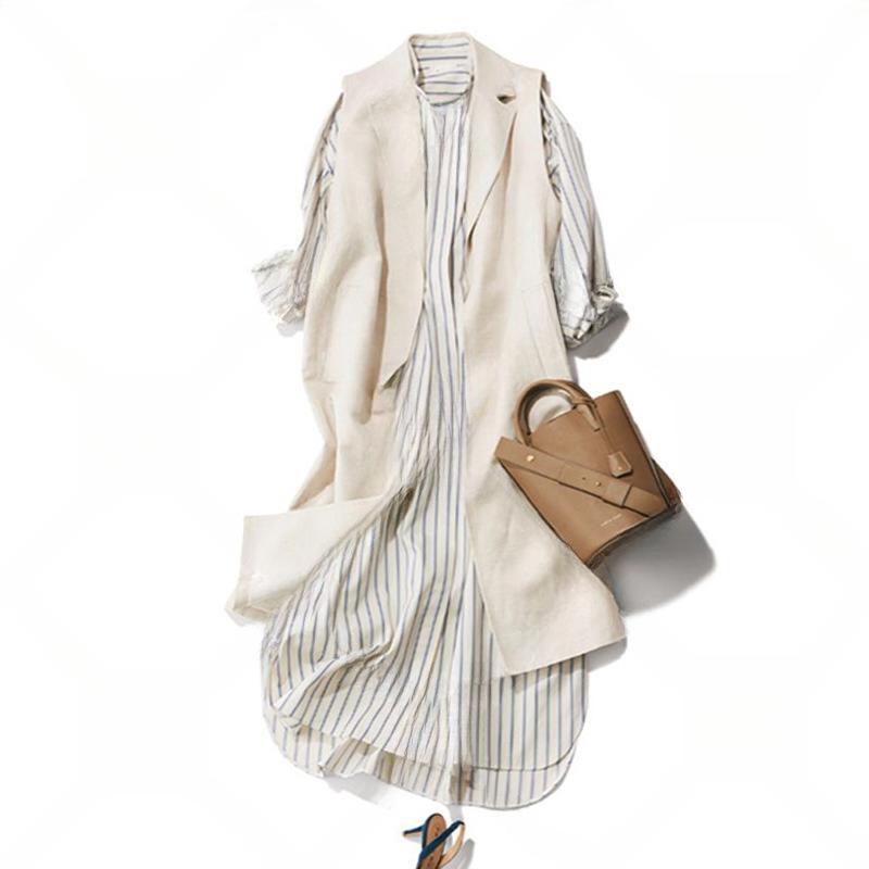 シャツワンピース レディース 春秋 ベスト ジレ ストライプ ミドル丈 きれいめ エレガント オフィス ビ..