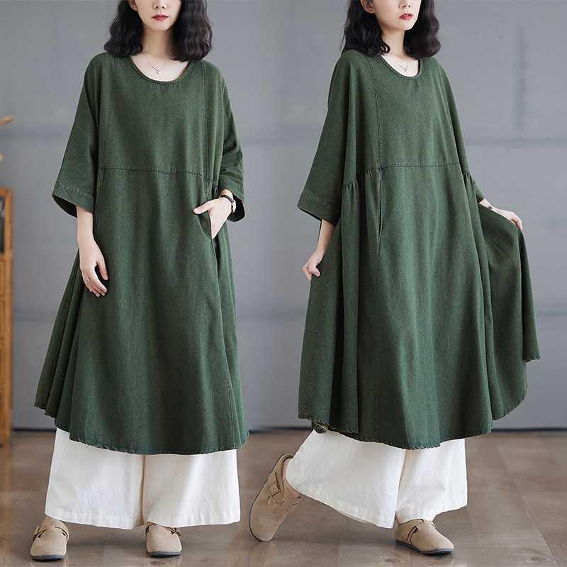 ワンピース レディース 切り替え ゆったり 大きいサイズ 体型カバー デニム 長袖 ミディ丈 フレアスカ..