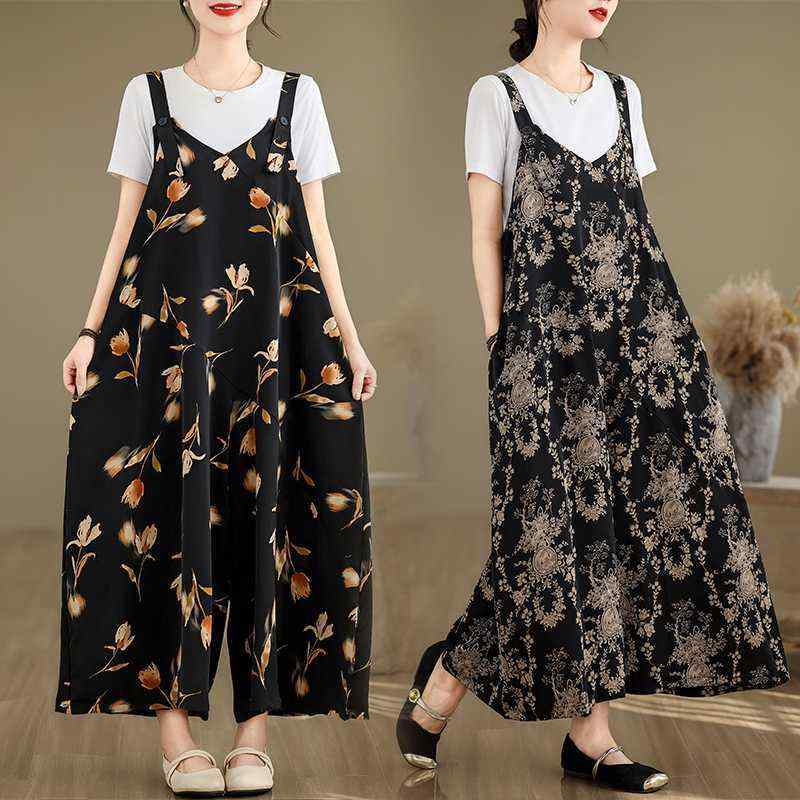 オールインワン レディース 春夏 韓国風 ワイドレッグパンツ サロペット ゆったり リラックスフィット 薄手 大きいサイズ ぽっちゃり体型カバー 綿混紡 ハイウエスト ロング丈 柄物 普段使い