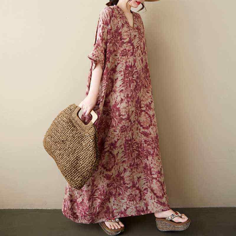 ワンピース レディース 春夏 Vネック レトロ 花柄 コットンリネン Aライン ロング丈 ドルマンスリーブ ..