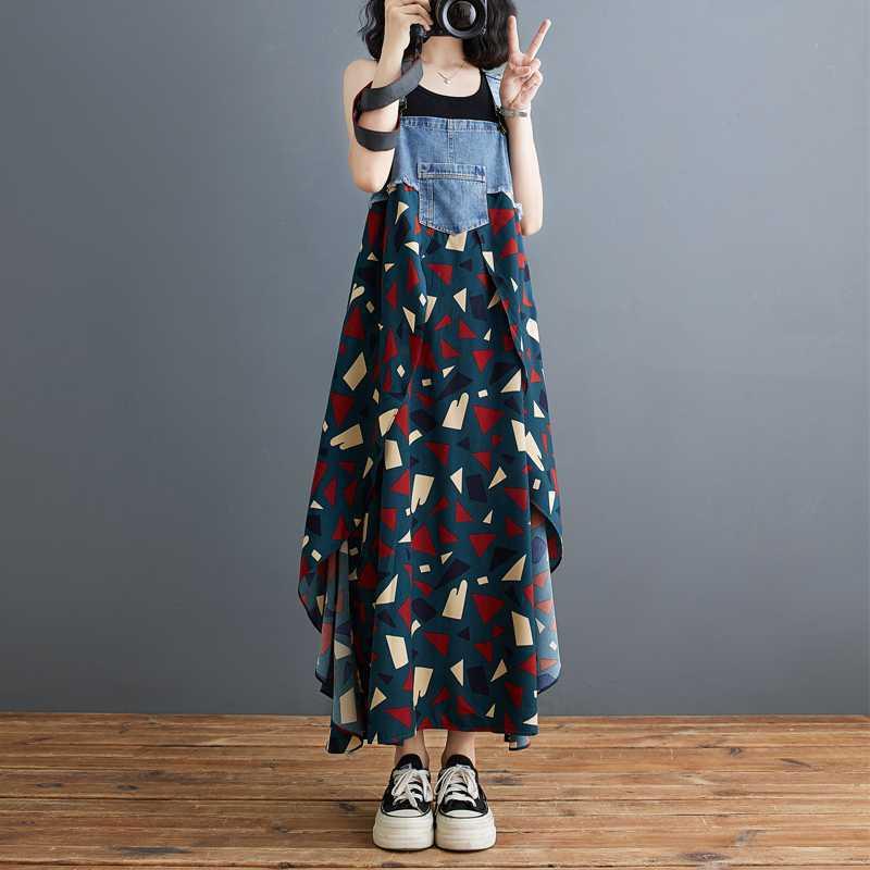 ワンピース レディース 春夏 韓国風 ゆったり 体型カバー レトロ エレガント シフォン プリント デニム切り替え キャミソール ロング丈 フレア ポリエステル 普段使い お出かけ 大人可愛い ダークグリーン