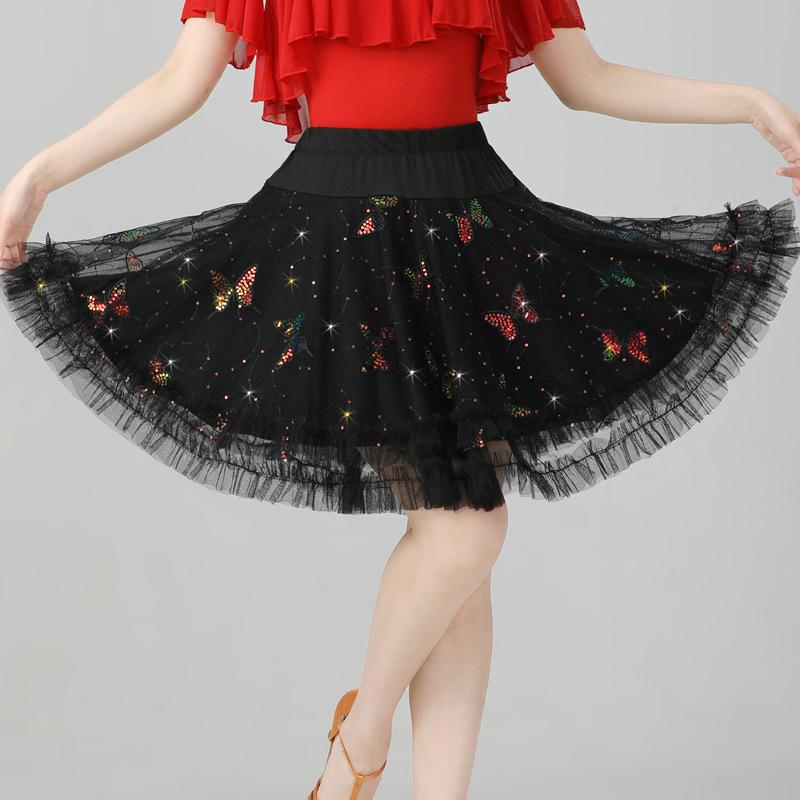 ダンススカート レディース 春夏 ブラック レッスンウェア 再生繊維 ポリエステル チュール スパンコール バタフライ柄 フレア ボリューム ロング丈 ふんわり 軽やか
