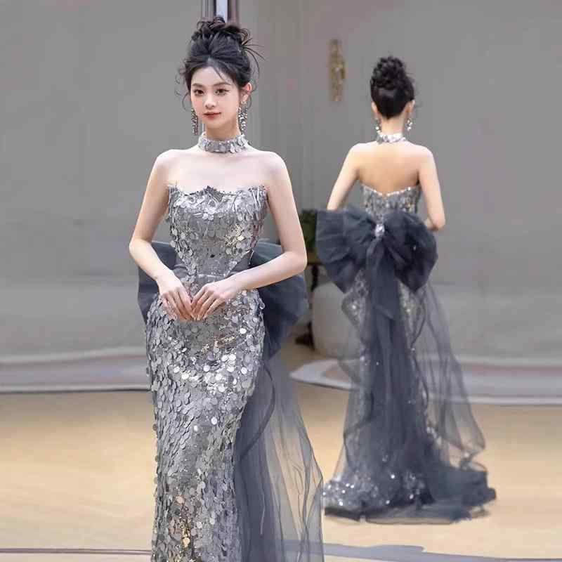 ウェディングドレス レディース グリッター シルバー ウエストマーク マーメイドライン チューブトップ ビスチェ ノースリーブ ロング丈 ハイウエスト 結婚式 披露宴 二次会 お色直し 演奏会 発表会 イブニング フォーマルドレス