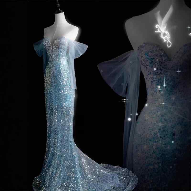 ドレス レディース ライトブルー 水色 マーメイドライン ロングドレス ベアトップ スパンコール キラキ..