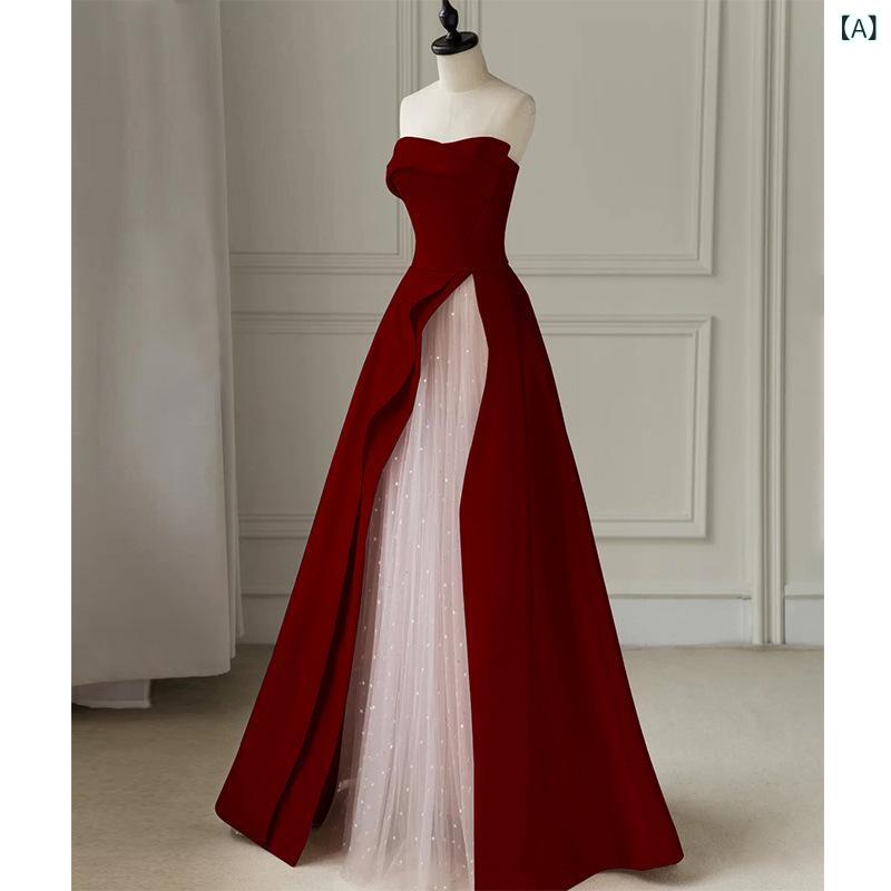 way-ugoの披露宴ドレス レディース 花嫁 結婚式 二次会 お呼ばれ パーティー ワインレッド ボルドー サテン 光沢感 Aライン ビスチェ ノースリーブ ハイウエスト ロング丈 秋冬 軽やか 高級感｜アングル2