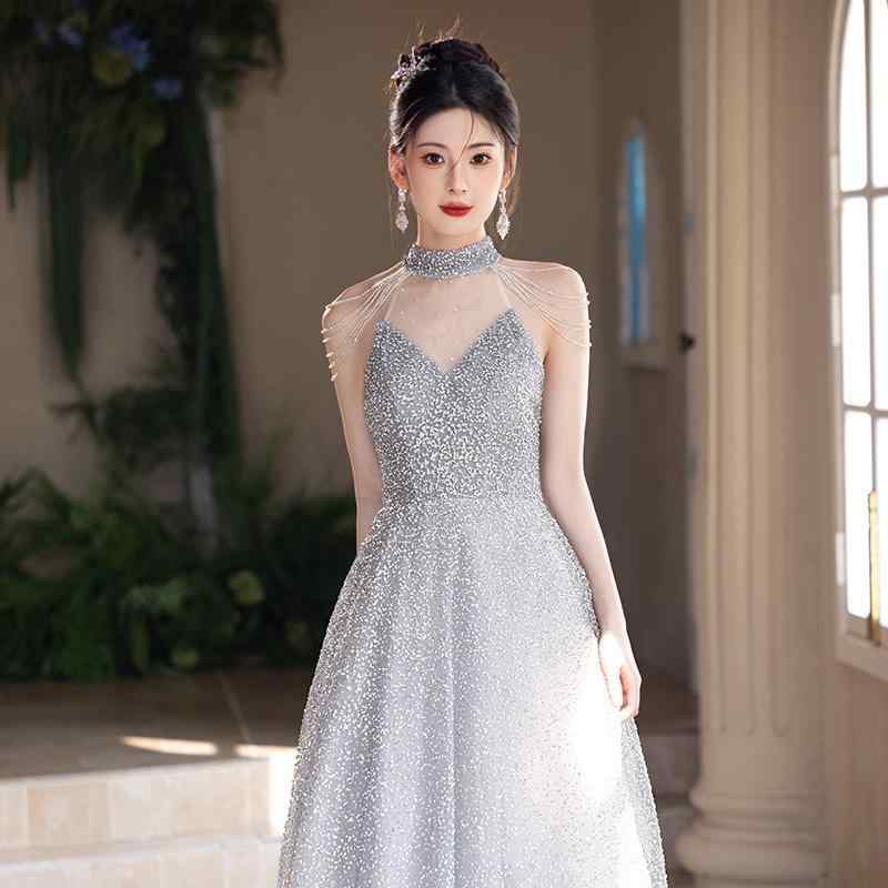 ドレス レディース エレガント スパークリング スパンコール グリッター ホルターネック フリンジ タッ..