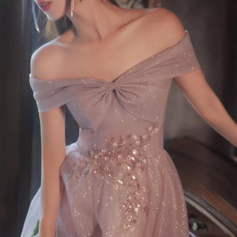 ドレス レディース 秋冬 ピンク オフショルダー ロング丈 フレア デザイン エレガント 上品 フォーマル..