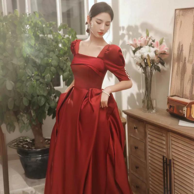 パーティードレス レディース サテン オフショルダー 五分袖 Aライン ロング丈 マキシ丈 編み上げ 結婚式 披露宴 二次会 お色直し 婚約 お呼ばれ 普段使い 細見え 体型カバー 秋冬 ワインレッド