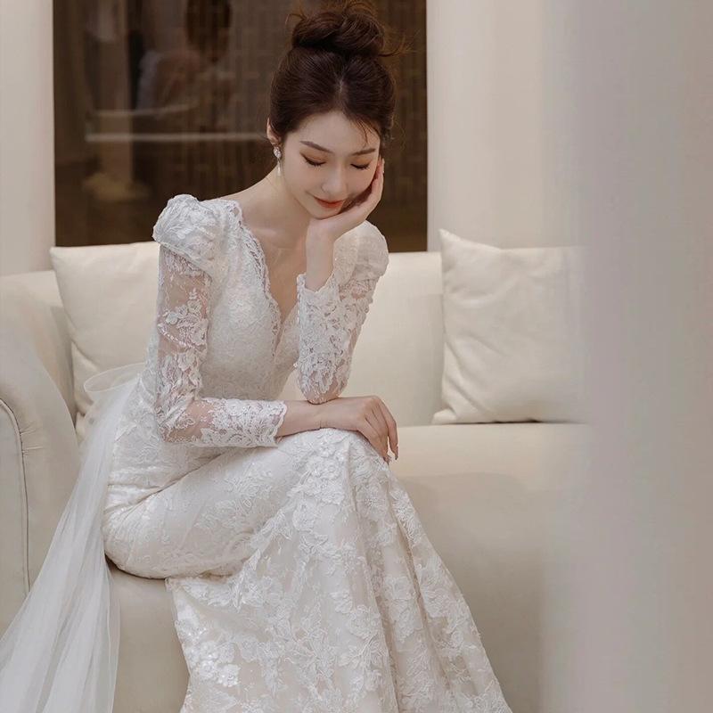 ドレス レディース レース 長袖 マーメイドライン カジュアルウェディングドレス 二次会 披露宴 お色直し ブライダルガウン 前撮り Vネック ハイウエスト ロング丈 フレンチスタイル イブニングパーティ フォーマル 上品 エレガント ホワイト