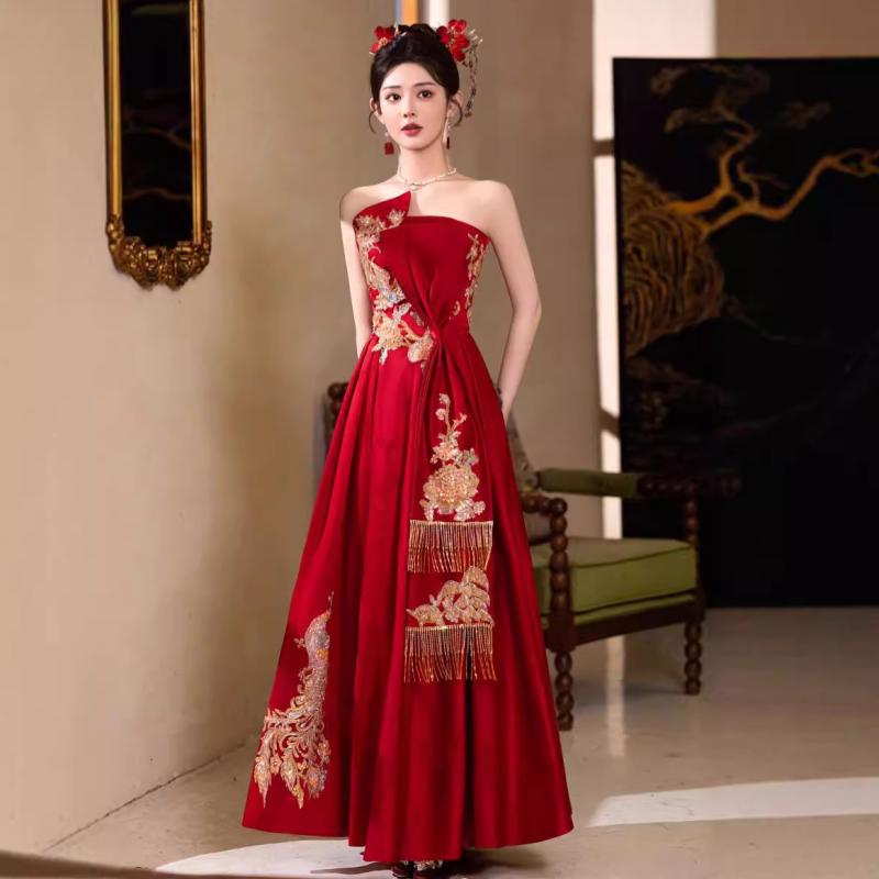 ドレス レディース 女性用 結婚式 披露宴 二次会 お呼ばれ パーティー 新中華風 ブライダル ビスチェ 刺繍 Aライン ロング丈 マキシ丈 エレガント 高級感 レッド 春夏