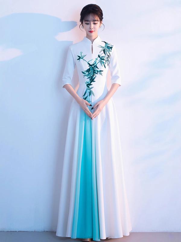 ドレス レディース 女性用 合唱 発表会 演奏会 舞台 ステージ衣装 チャイナ風 ロング丈 マキシ丈 Aライン Vネック 五分袖 ミドルウエスト ポリエステル ホワイト フォーマル セレモニー 春