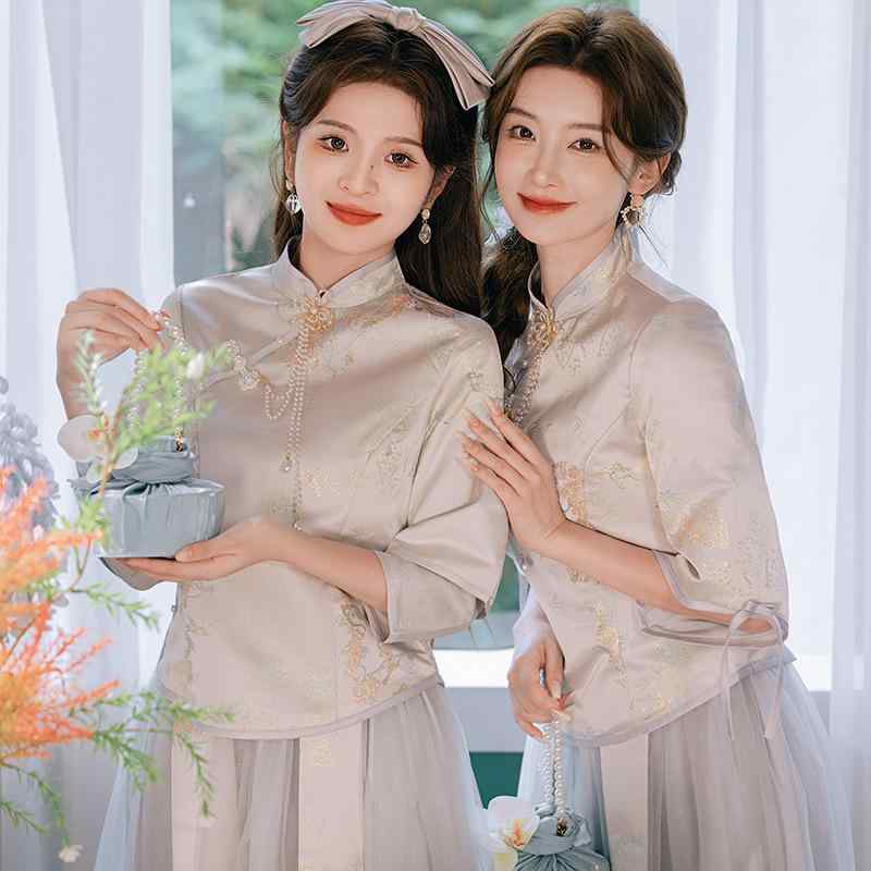 ドレス レディース 中国風 ブライズメイド フォーマルドレス 普段使い スタンドカラー 長袖 ロング丈 立体デザイン チュール ポリエステル 上品 エレガント 秋冬 グレー ピンク