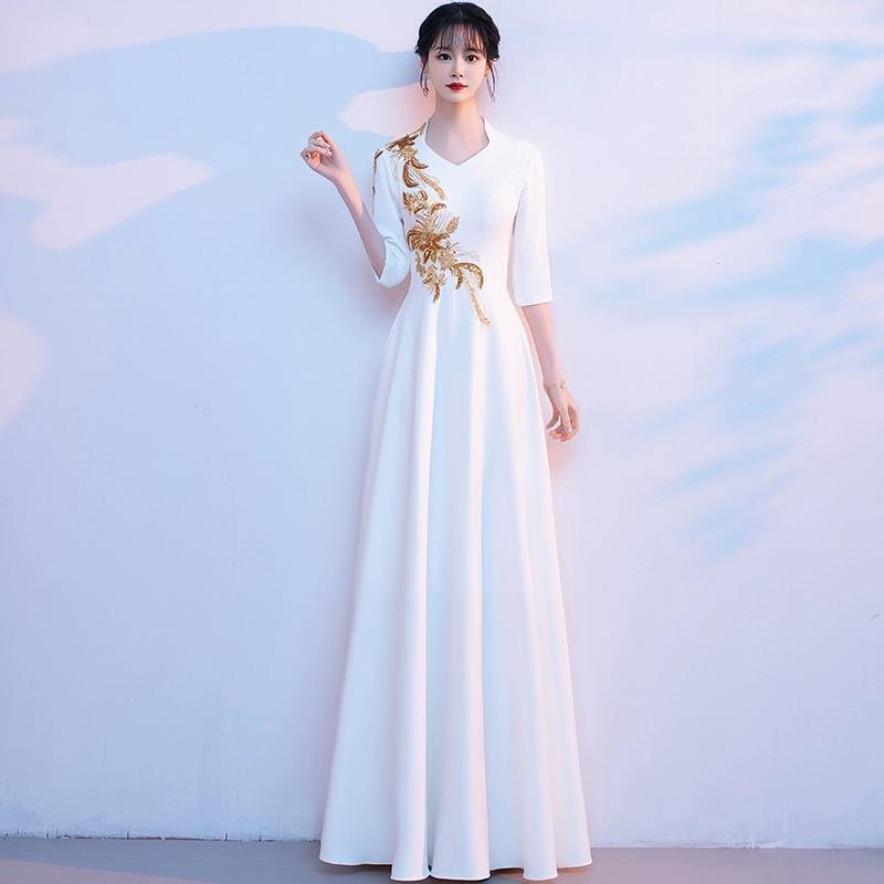 ドレス レディース 演奏会 合唱 司会 指揮 迎賓 式典 晩礼服 イブニングドレス ロングドレス 深Vネック 五分袖 ハイウエスト Aライン ..