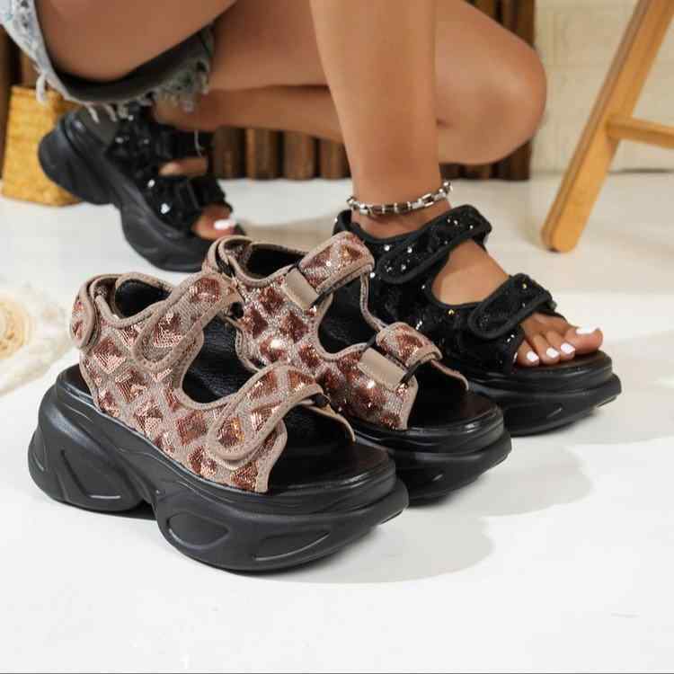 サンダル レディース シンプル カジュアル 一字ストラップ 厚底 プラットフォーム ローヒール マジック..