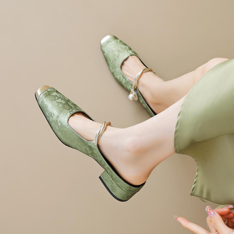 サンダル レディース ネオチャイニーズスタイル クローズドトゥ ミュール 太ヒール ワンストラップ メリージェーン サテン素材 夏 外履き エレガント